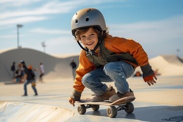 A joyful kid skateboarding, highlighting the importance of sports and physical activity in youth. 'generative AI' 