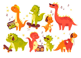 Cute dinosaurs fantastic animal cartoon character listening music isolated set on white background