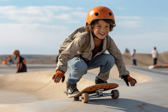 A joyful kid skateboarding, highlighting the importance of sports and physical activity in youth. 'generative AI' 