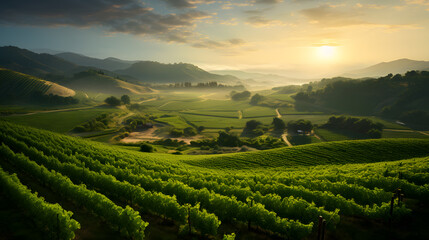 Vineyards sprawl in lush green rows as the sun sets over the horizon. The highly detailed photography showcases the orderly vine plots, the vibrant foliage, and the warm twilight.