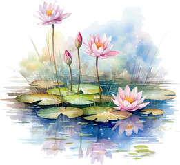 Watercolor light pink water-lilly flower in pond with branch and round leaves