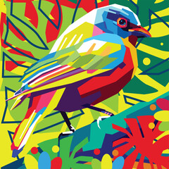 Obraz premium Colorful abstract wild birds with the beauty of the colors of their feathers, sparkling leaves background. - Vectors