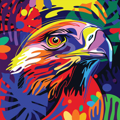 Colorful abstract wild birds with the beauty of the colors of their feathers, sparkling leaves background. - Vectors