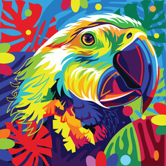 Colorful abstract wild birds with the beauty of the colors of their feathers, sparkling leaves background. - Vectors