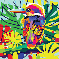 Colorful abstract wild birds with the beauty of the colors of their feathers, sparkling leaves background. - Vectors