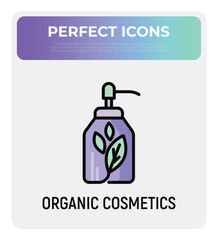 Organic cosmetics thin line icon: glass bottle with dispenser and leaf sign. Modern vector illustration for beauty shop.