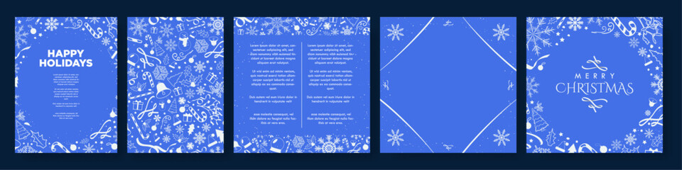 White and Royal Blue Christmas Card Templates. Simple Card and vertical poster xmas templates with white christmas doodle elements. Vector.  - obrazy, fototapety, plakaty
