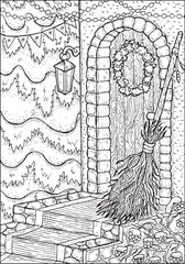 Christmas and New Year vector illustration with porch of beautiful cottage house, lantern and broomstick outside in the garden. Greeting card background. Black and white line art for coloring page.