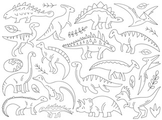 Different dinosaur linear silhouettes, prehistoric animal outline design isolated wild predator set