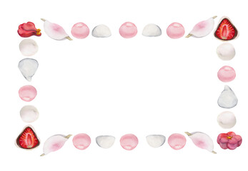 Watercolor hand drawn traditional Japanese sweets. Frame with winter wagashi and camellia. Isolated on white background. Design for invitations, restaurant menu, greeting cards, print, textile
