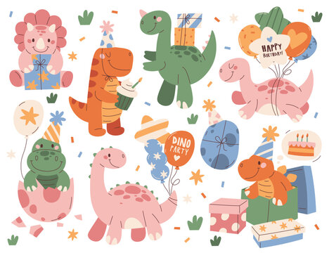 Cute baby dinosaur carrying festive birthday party accessories and supplies vector illustration