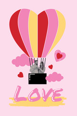 Romantic holidays together collage young couple spend weekend in air balloon love story feelings...