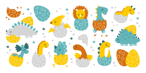 Kawaii newborn baby dinosaur cartoon cute fantasy monster character inside cracked egg shell set