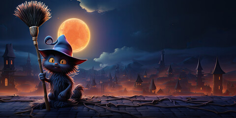 Halloween banner template, cute black cartoon witch cat, night background