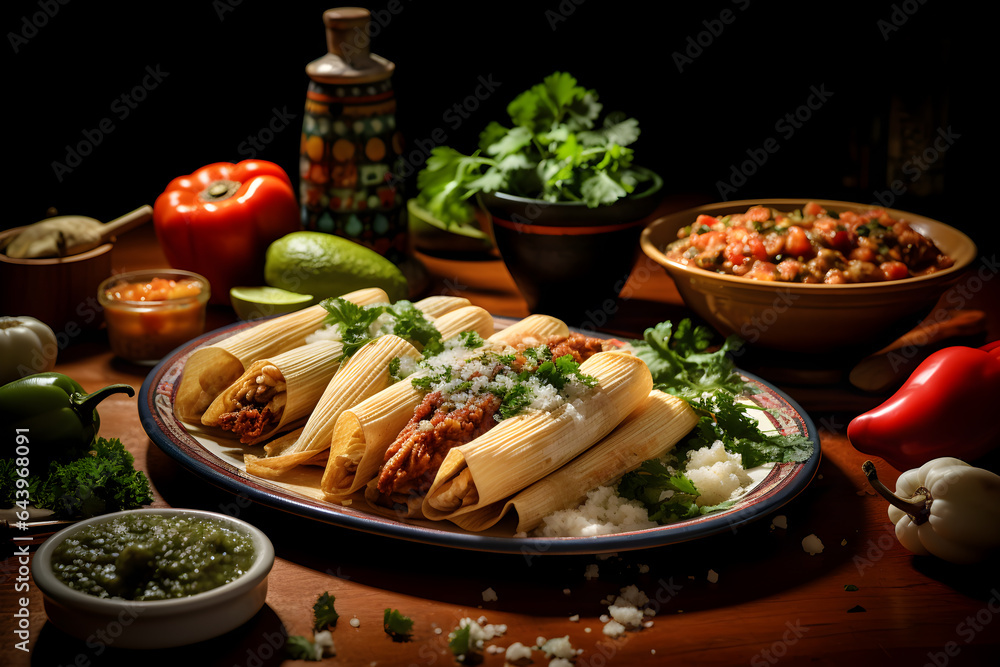 Wall mural mexican cuisine, traditional meals, tamales, enchiladas and chiles rellenos, hispanic heritage month