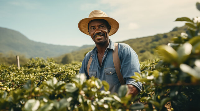Portrait of an afro american farmer on coffee field picking up coffee beans.