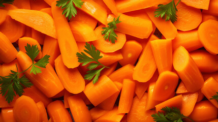 Fresh orange carrots with water drops background. Vegetables backdrop. Generative AI