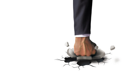 Fist business hand punch to cracked white floor, meaning stronger fight