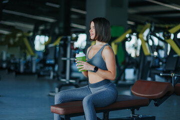 Fototapeta na wymiar A lifestyle image of a cheerful girl at the gym, holding a water bottle, promoting a healthy and active lifestyle. Cheerful Gym Break Portrait of a Pretty Woman with Water Bottle