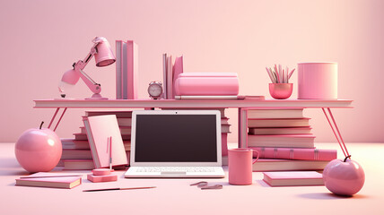 School supplies and computer on desk in pink.