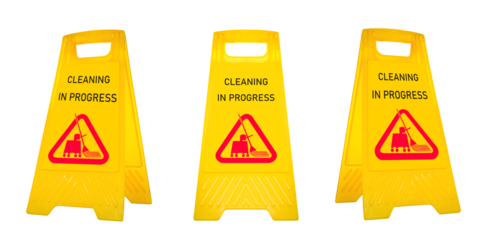 Mock up yellow warning sign with message Cleaning in progress