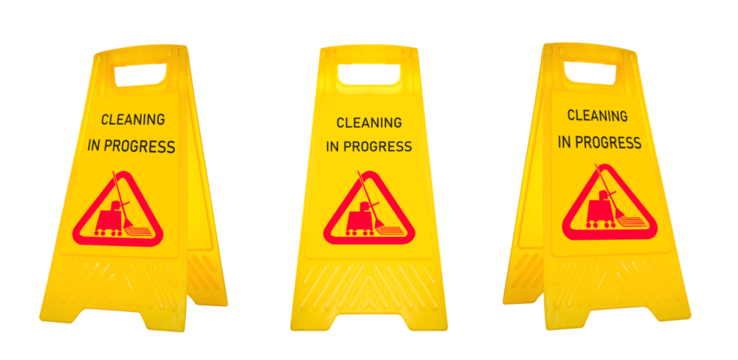 Mock up yellow warning sign with message Cleaning in progress