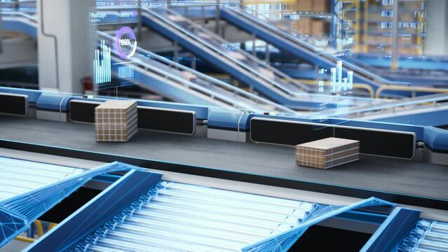 Parcels, Boxes and Packages Transported on a Conveyor in a Logistics Center with Autonomous Sorting Mechanism. Online Augmented Reality Software Animation Showing Shipping Priority and Tracking Status