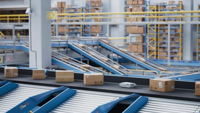 Static Footage with Automated Conveyor Belt in a Modern Logistics Warehouse Transporting, Sorting and Preparing Parcels, Cardboard Boxes with Online Orders for Delivery to Customers