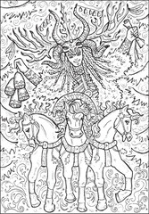 Fototapeta na wymiar Christmas and New Year vector illustration with shaman or winter magician as rider. Greeting card background. Black and white line art for coloring page.
