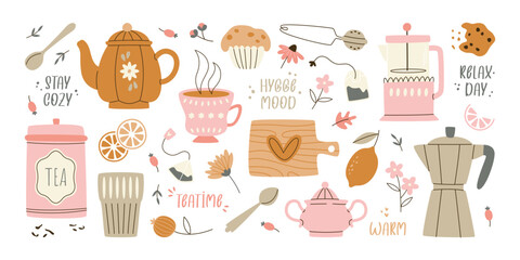 Teatime, relax day, hygge mood set with hand drawn lettering and coffee tea accessories design