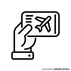 One way ticket on airplane in hand thin line icon. Editable stroke. Modern vector illustration.
