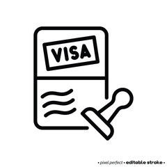 Visa stamp in passport thin line icon. Immigration, tourism. Editable stroke. Vector illustration.