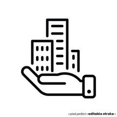 Public housing, affordable housing for immigrants. Building in hand thin line icon. Vector illustration.