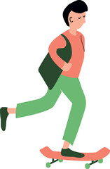 Man on skateboard. Flat character. Moving boy. Hand drawn colorful person with bag. Vector illustration