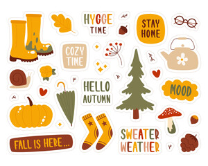 Autumn accessories, clothes and shoes, fall forest and garden sticker with inscription isolated set