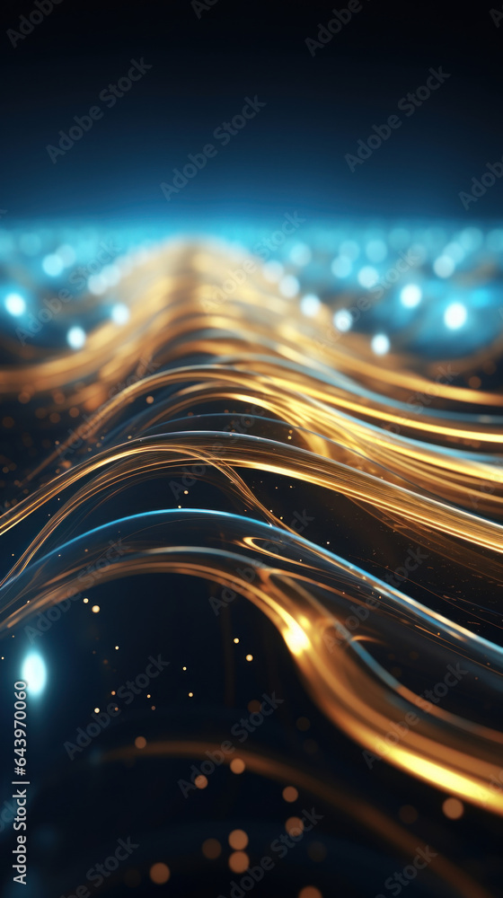 Poster abstract background with gold and blue glowing neon moving high speed line and wave and bokeh lights