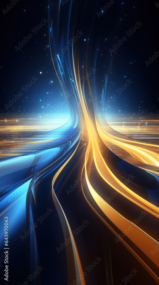 Poster abstract background with gold and blue glowing neon moving high speed line and wave and bokeh lights