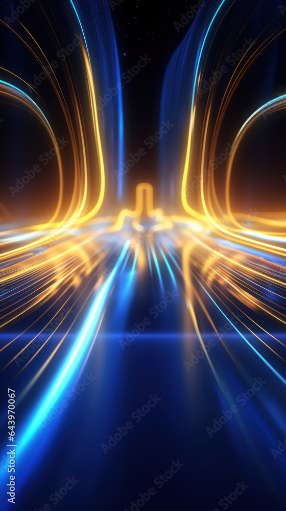 Poster abstract background with gold and blue glowing neon moving high speed line and wave and bokeh lights