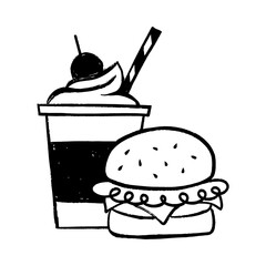 Hamburger and milkshake cartoon hand drawn