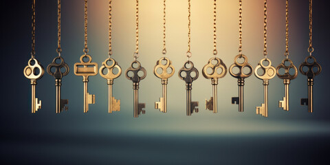 A selection of many vintage keys hanging on chains on a dark grunge background