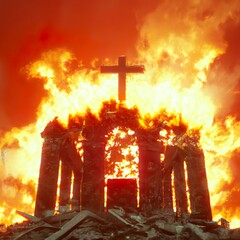A Christian church being destroyed by fire.