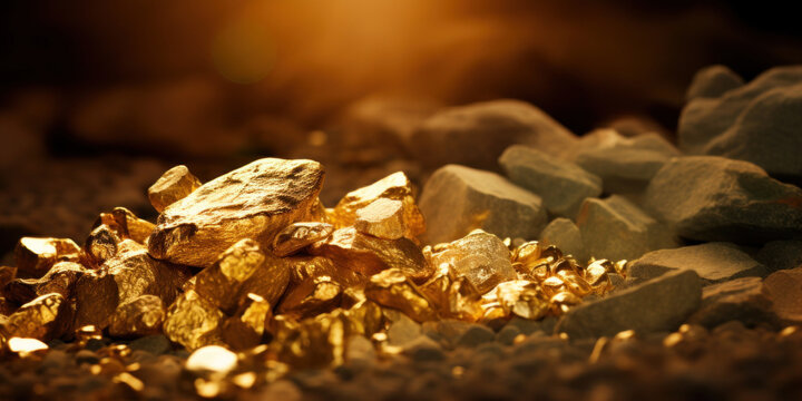 Closeup of big gold nugget with small pices scattered arround