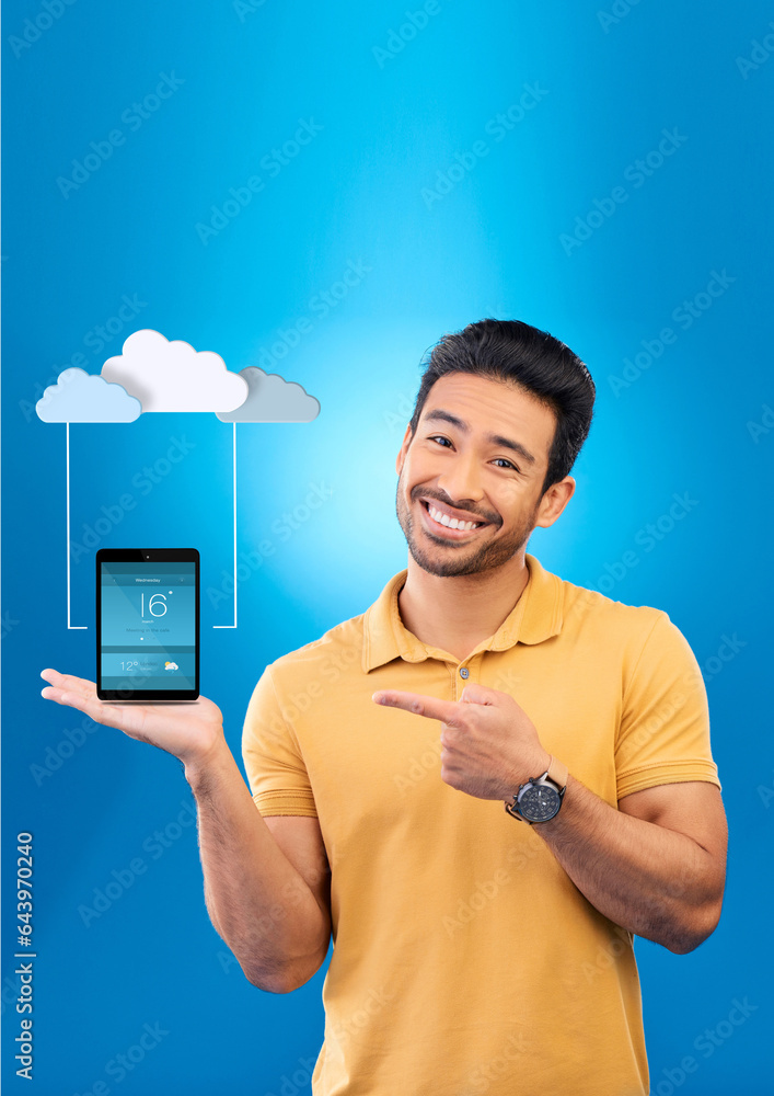 Aufkleber cloud computing, happy man and phone for networking, computer system and information technology with