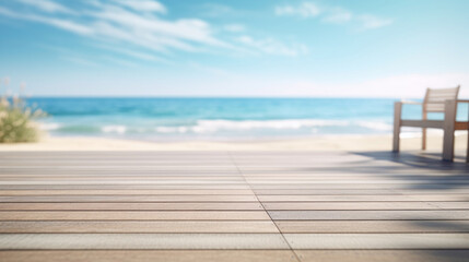 Fototapeta premium Empty wooden deck with blurred beach for product presentation
