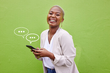 Black woman, phone and wall with notification icon, smile and portrait for texting by green...