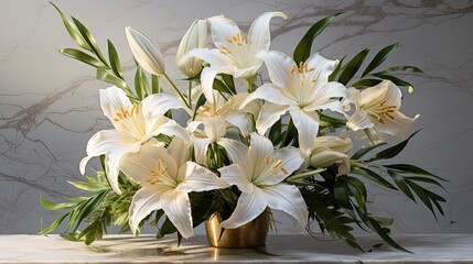 A cascade of white lilies with gold-dusted edges, set against the veined texture of marble. Wedding, celebration, glamorous floral design. 