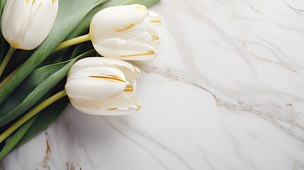 A close-up shot of white tulips, their petals touched with gold flecks, resting on a milky marble surface.