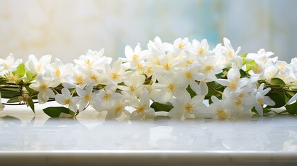 A garland of white jasmine flowers, intertwined with golden threads, draped elegantly on a marble slab. Wedding, bridal, fashion event or condolences floral design. 