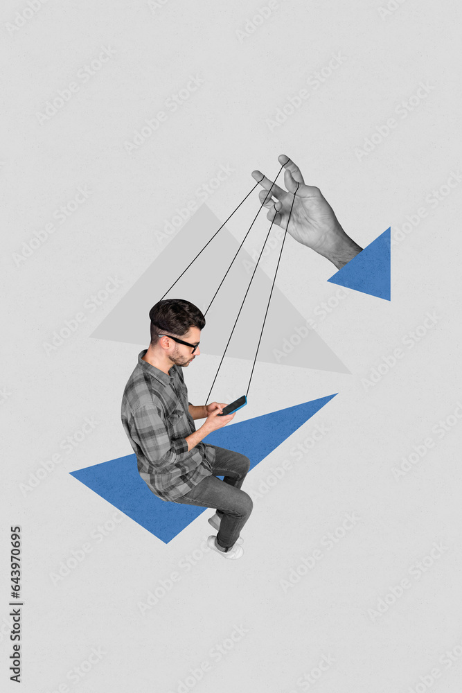 Poster Collage image of arm hold strings guy read wrong false info addiction concept isolated on drawing grey color background