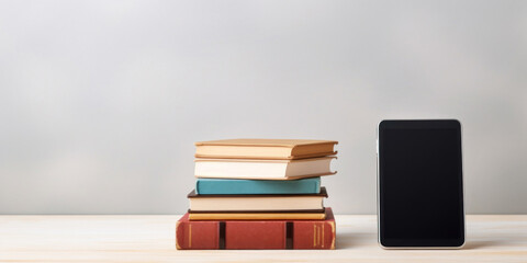 Reader and hardcover books on light grey table